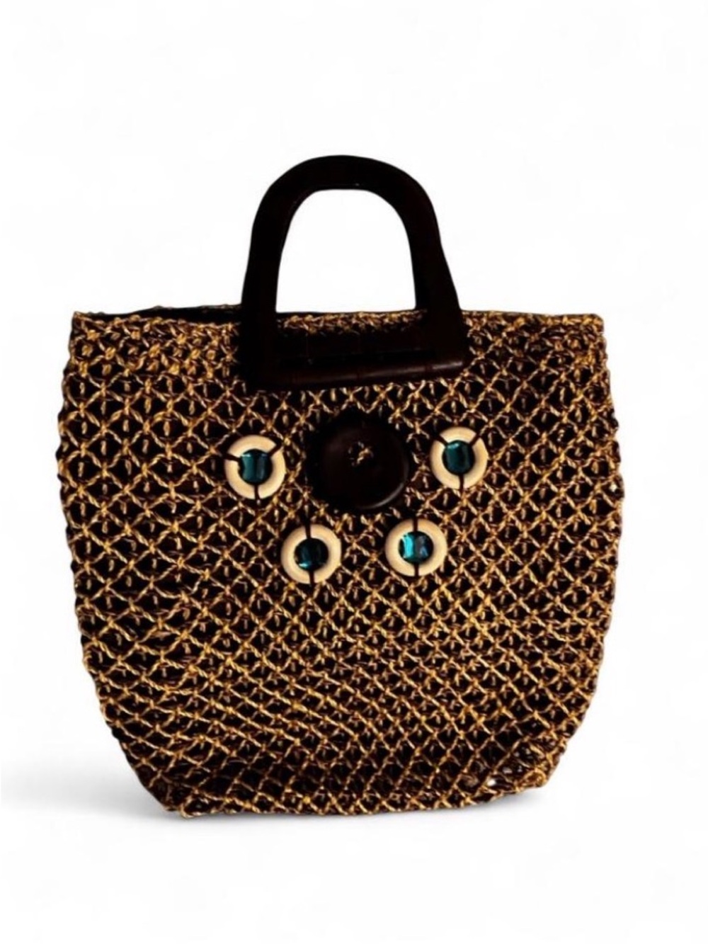 Brown Woven Tote with Black Handles and Decorative Accents